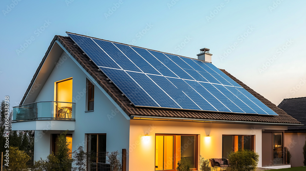 Fototapeta premium Solar panel installation on house roof for renewable energy generation