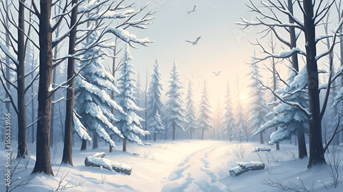 The winter forest is cloaked in a veil of silence, punctuated only by the soft crunch of snow underfoot and the occasional creak of frozen branches. Frostline. Illustration