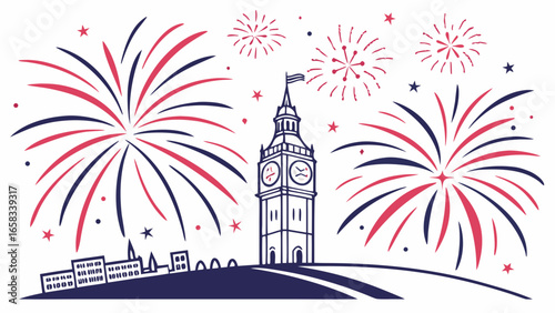 Illustration of fireworks over the london skyline, celebrating an event or holiday in the city