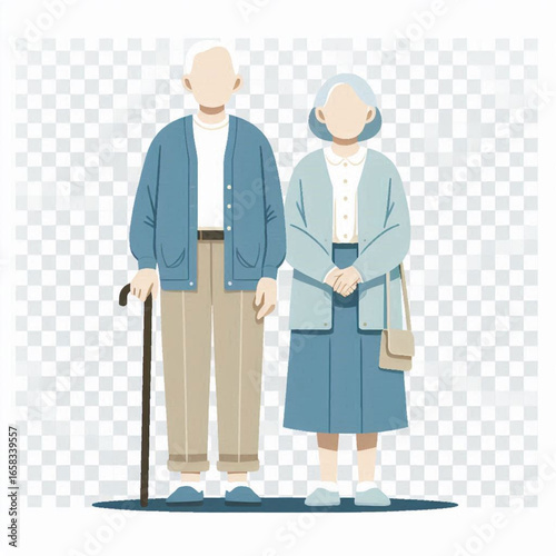 Flat illustration of a couple elderly man and woman standing, simple minimal style, bold solid colors, no facial details, isolated on transparent background. The elderly character wearing loose comfor
