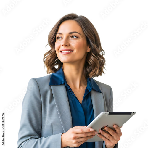 Smiling businesswoman holding a tablet isolated on transparent background