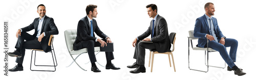 Collection of young businessmen sitting on chair isolated on white or transparent background