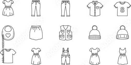 Vector illustration of clothing icons, kids and adult fashion items, dresses, shirts, pants, hats, baby bib, casual wear outline design clipart