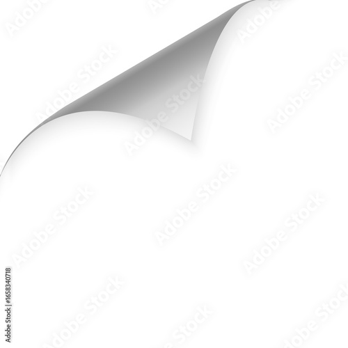 Brochure, banner, design, label, vector, Folded paper. Curved corner paper with shadow. Png White page rotates bottom right on transparent background.