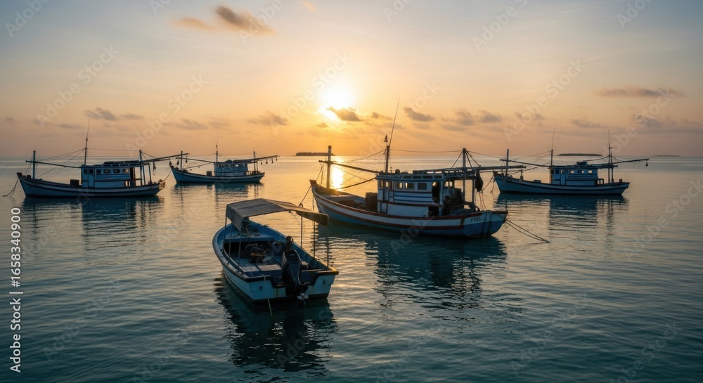 Fototapeta premium Colorful fishing boats at sunrise on calm water