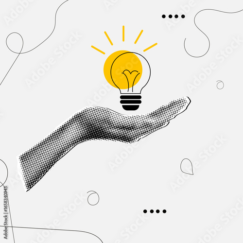 Hand holding lightbulb in retro halftone style, trendy collage cut out element,idea and innovation,gain profit