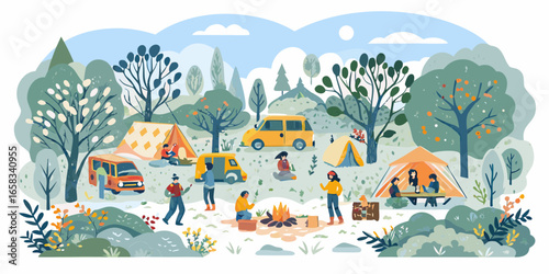 Happy Family Camping in the Woods