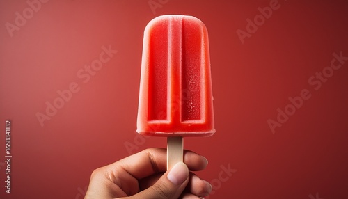 hand holding a popsicle the popsicle is red in color and has a smooth texture it is on a wooden stick and appears to be freshly made