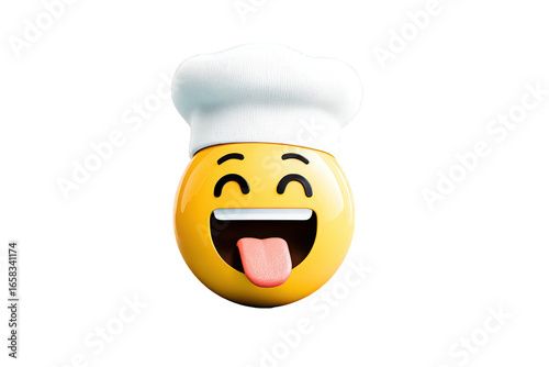 Laughing Emoji with Chef Hat Bright Yellow Smiling Face with Tongue Out on Transparent Background