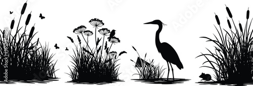 Silhouette wetland scene with heron bird, grass, cattails, butterflies, wildflowers, natural wildlife habitat, marsh plants, ecosystem landscape, riverbank nature illustration