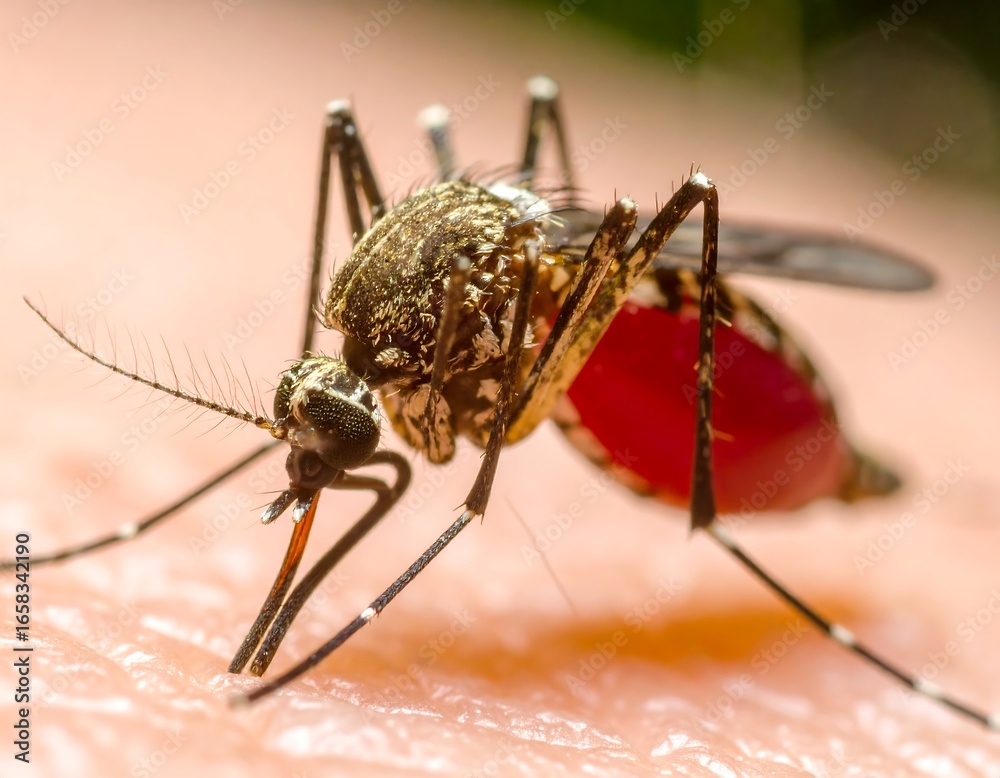 Fototapeta premium Extreme Close-up Macro Shot of a Mosquito with a Blood-Filled Abdomen on Human Skin.