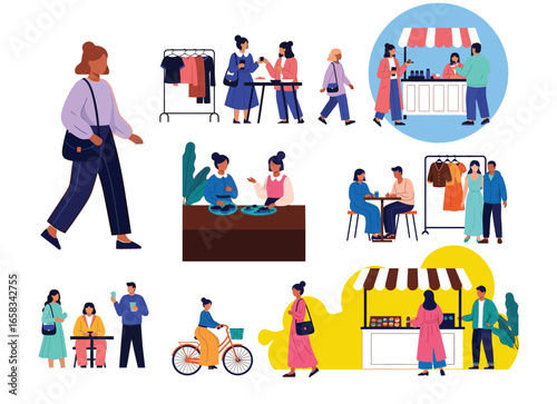 people spending time at street market. Men, women and couples walking, drinking beverages, riding bicycle, buying clothes and accessories at fair. Vector illustration