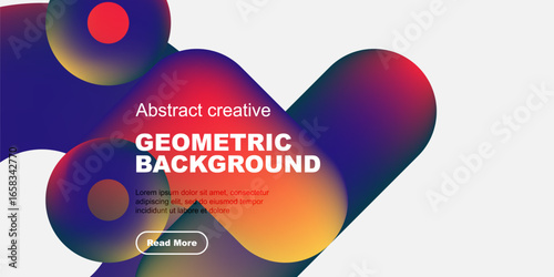 Abstract geometric shapes, vibrant colors, modern design. Text includes geometric background, plus sample lorem ipsum text, button.