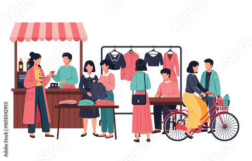 people spending time at street market. Men, women and couples walking, drinking beverages, riding bicycle, buying clothes and accessories at fair. Vector illustration