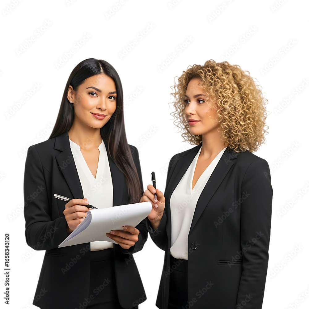 Two businesswomen discussing a document isolated on transparent background Two businesswomen discussing a document isolated on transparent background