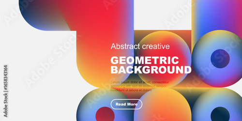 Vibrant geometric shapes overlap black, white space. Text promotes creative background design, includes call to action.