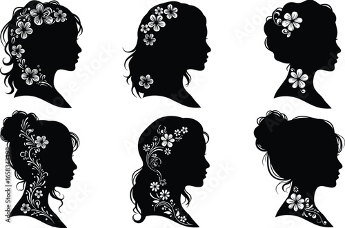 Silhouette of elegant woman head with floral hair design, beauty fashion vector, female profile illustration, flower hairstyle concept, feminine portrait isolated collection