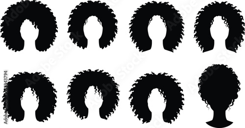 Curly afro hairstyle silhouette set, natural black woman hair shapes, beauty fashion concept, female head vector illustration, hairstyle collection isolated design