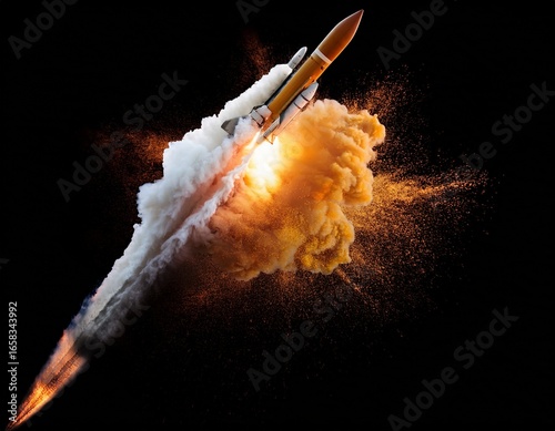 isolated rocket launch smoke plume effect fire explosion trail on black background for compositing design on white background