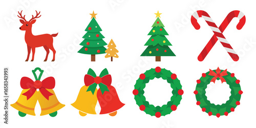 Christmas Holiday Vector Icons Set Deer Trees Candy Canes Bells Wreaths on white background