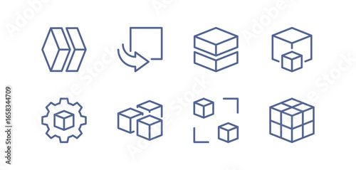 Set of cubes and 3D modeling icons, modular structure, virtual rotation, dimensional analysis, digital transformation, data architecture, system design and linear minimal line style vector symbols.