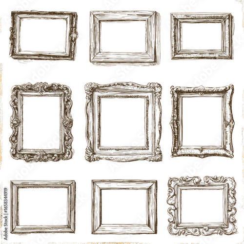 A set of nine frames, each with a different design, are drawn in a pencil sketch