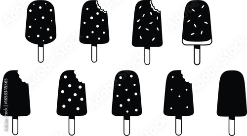 Ice cream popsicle silhouette vector, frozen dessert illustration, chocolate ice lolly design, summer treat artwork, sweet snack pattern, black and white graphic