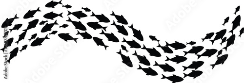 Abstract fish school wave illustration, ocean marine life vector, underwater pattern design, sea creatures silhouette, aquatic flow composition, swimming harmony artwork
