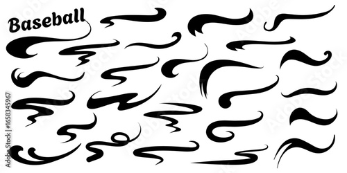 Baseball swoosh text tails, decorative underline swashes for retro typography. Sporty vector font ornaments. Vector illustration.