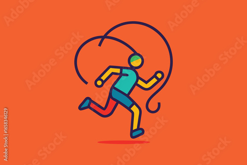 Colorful illustrated runner with jumping rope exercise activity icon on orange background