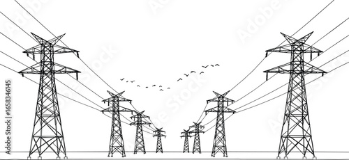 Transmission towers vector, power pylons, electricity grid, high-voltage lines, energy infrastructure, birds in flight, line drawing, utility, engineering