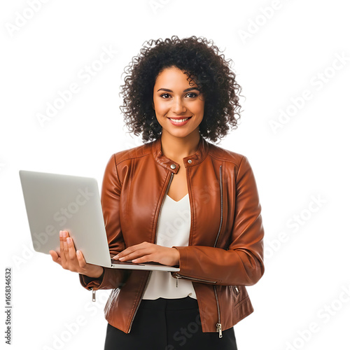 Young woman with curly hair holding a laptop isolated on transparent background