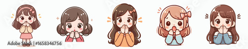 Cute Chibi Style Girl Character Set Expressing Surprise and Excitement Illustration