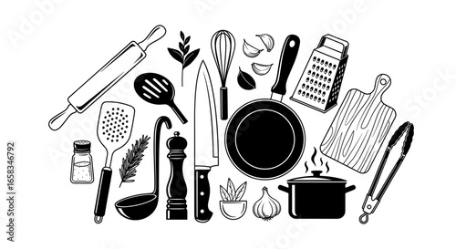 Illustration of various kitchen utensils and cooking equipment