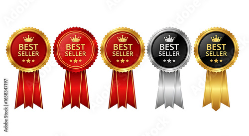 Collection of best seller ribbons and medals isolated on transparent background