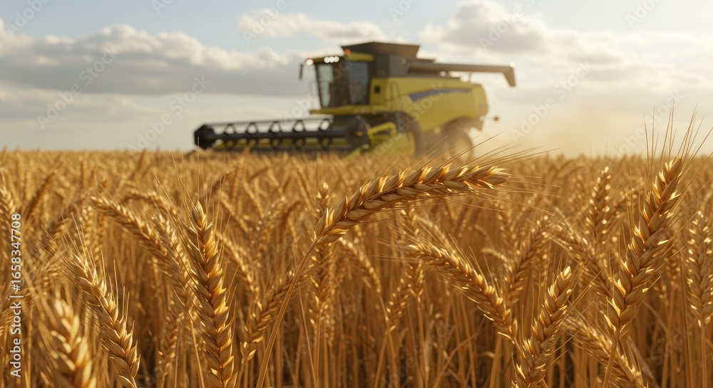 Fototapeta premium A close-up view highlights ripe wheat stalks, with a blurred yellow harvesting machine in the background under a sunny sky