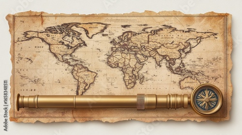 Classic navigation set with an aged world map, brass compass, and explorer's telescope, arranged in a horizontal banner style, adventure theme