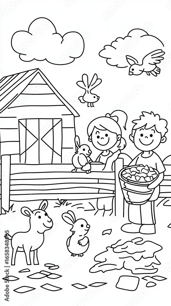 Obraz premium Zoo petting area coloring book page, featuring happy children feeding goats, petting rabbits, and holding a fluffy baby chick, with a wooden fence and a barn, thick black outlines, 