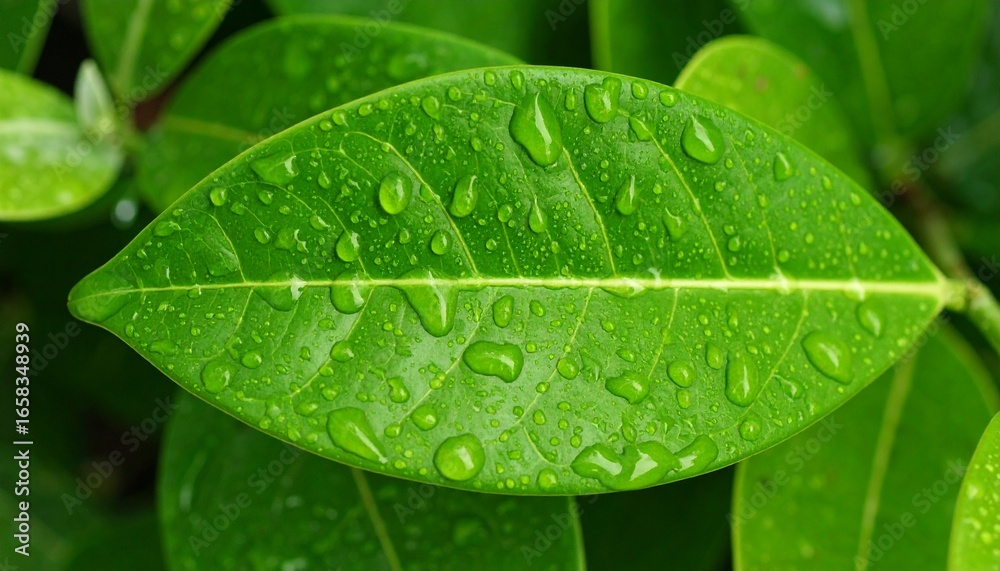 Fototapeta premium Close-up of fresh green leaves with detailed veins, water droplets shimmering in sunlight, creating a natural refreshing look