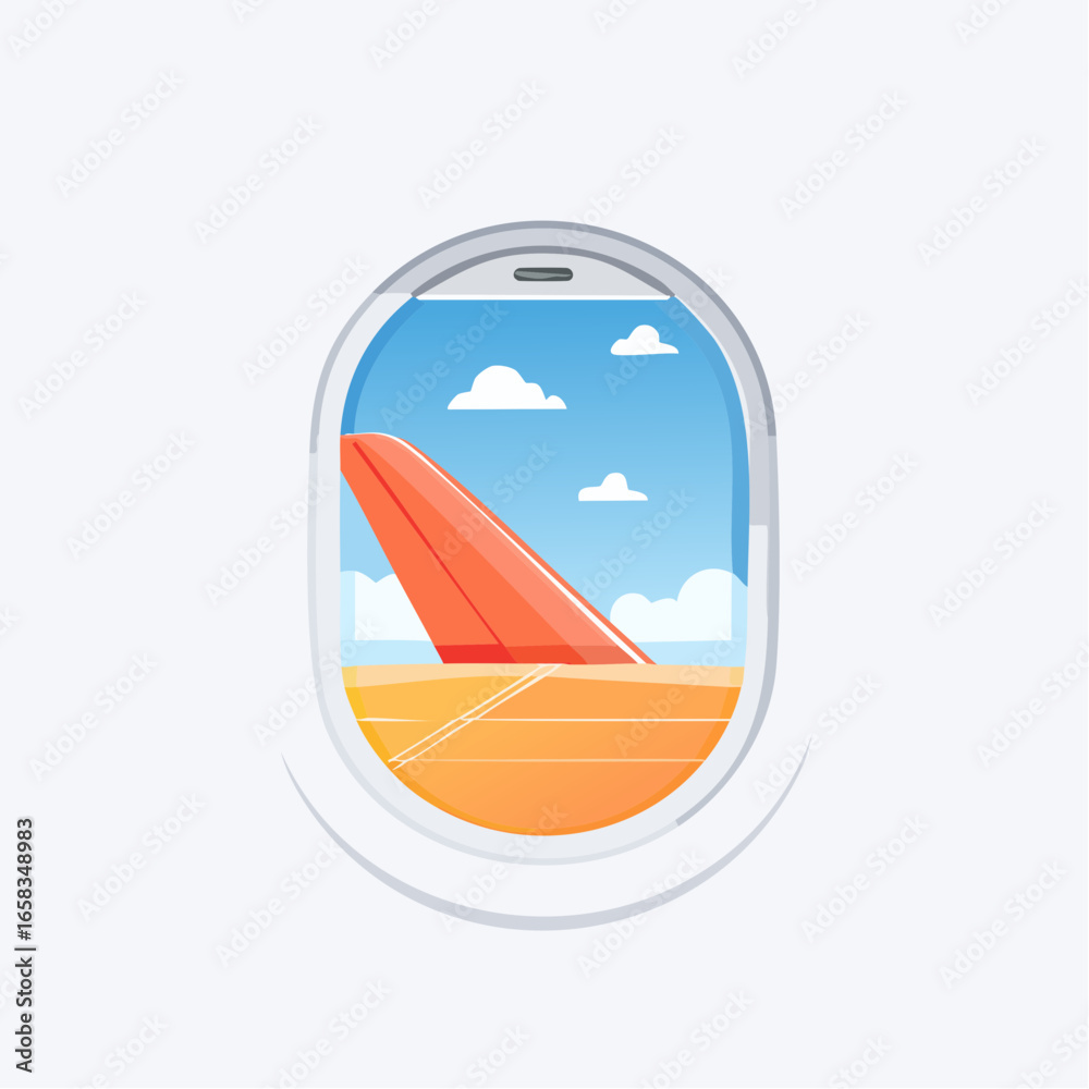 Obraz premium Airplane Window View Of Beach And Surfboard