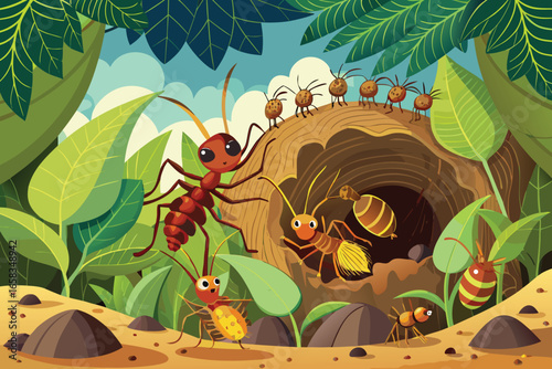 Colorful illustration of a busy ant colony in a lush green forest environment with diverse insect life