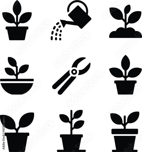 Icons for gardening and plant care with watering can and clippers