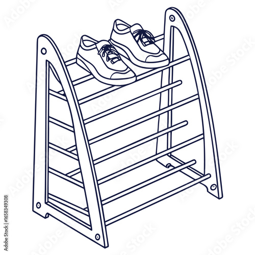 Simple line drawing of a wooden shoe rack holding a pair of sneakers