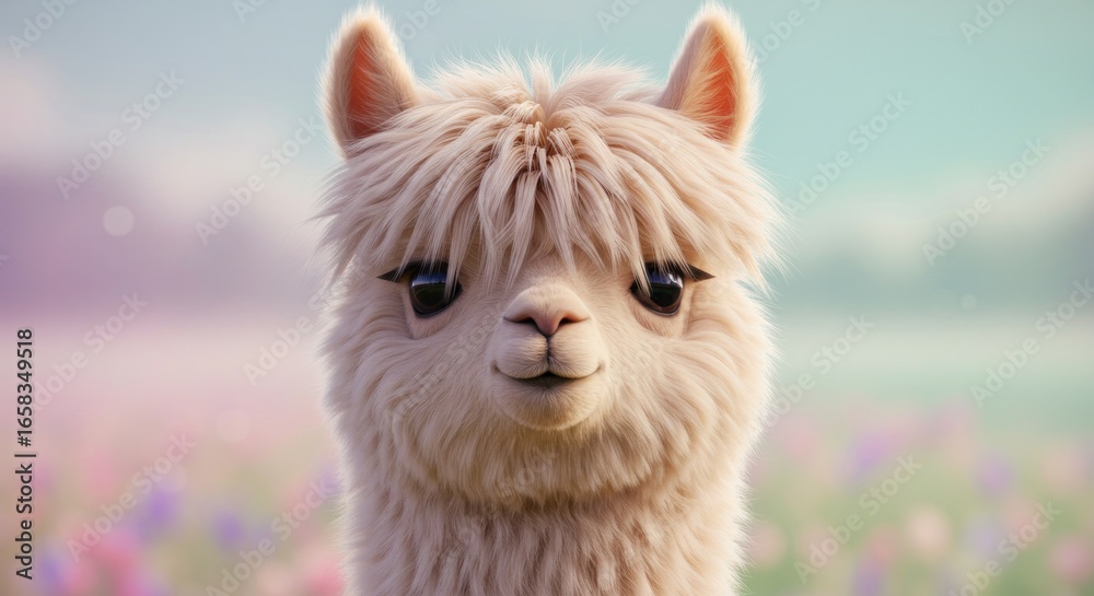 Fototapeta premium Close-up of a fluffy, light beige alpaca with large, expressive eyes, facing forward in a field of wildflowers. Soft, pastel colors and a dreamy, serene atmosphere