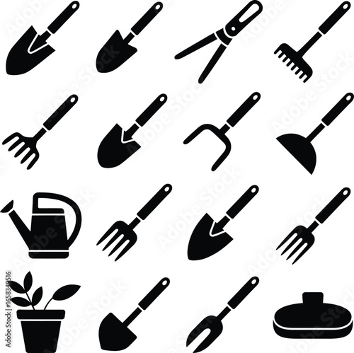 Collection of fourteen black silhouette icons for gardening tools and plants