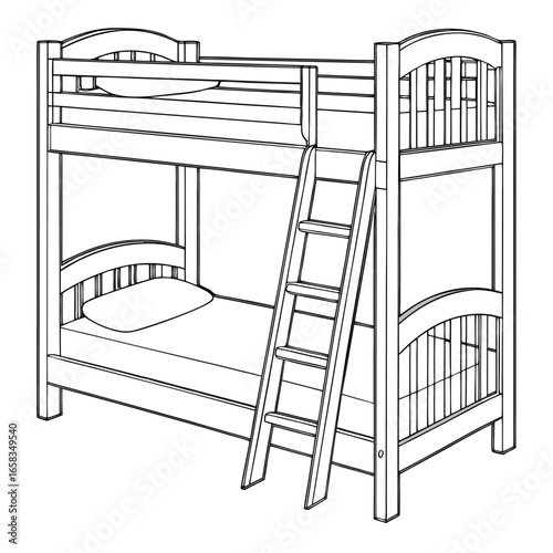 Clean line art illustration of a wooden bunk bed with ladder and pillows
