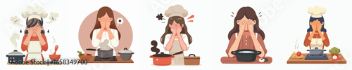 Flat Illustration Young Woman Chef with Cooking Fails and Problems Scene