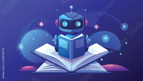 A robot and an open book represent the integration of technology in educational concepts and learning methods..eps