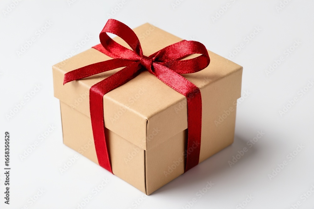 Obraz premium Small gift box with red ribbon tied in bow on white surface