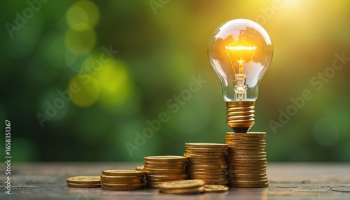 Illuminated light bulb atop stacked coins signifies innovative ideas, financial growth. Investment, savings, business strategy. Represents progress, prosperity, creative solutions for economic